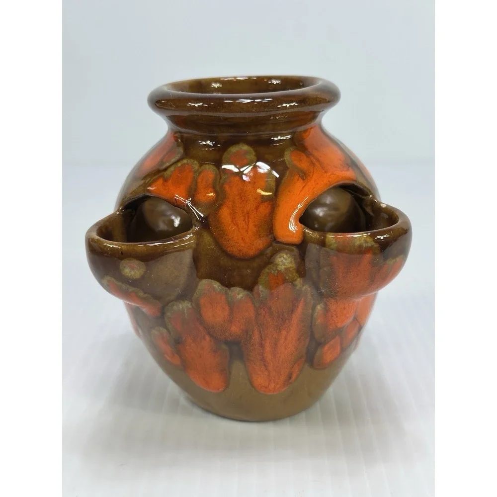 VTG Bar Harbor Maine Drip‎ Glazed Pottery Orange Brown Strawberry Planter Vase